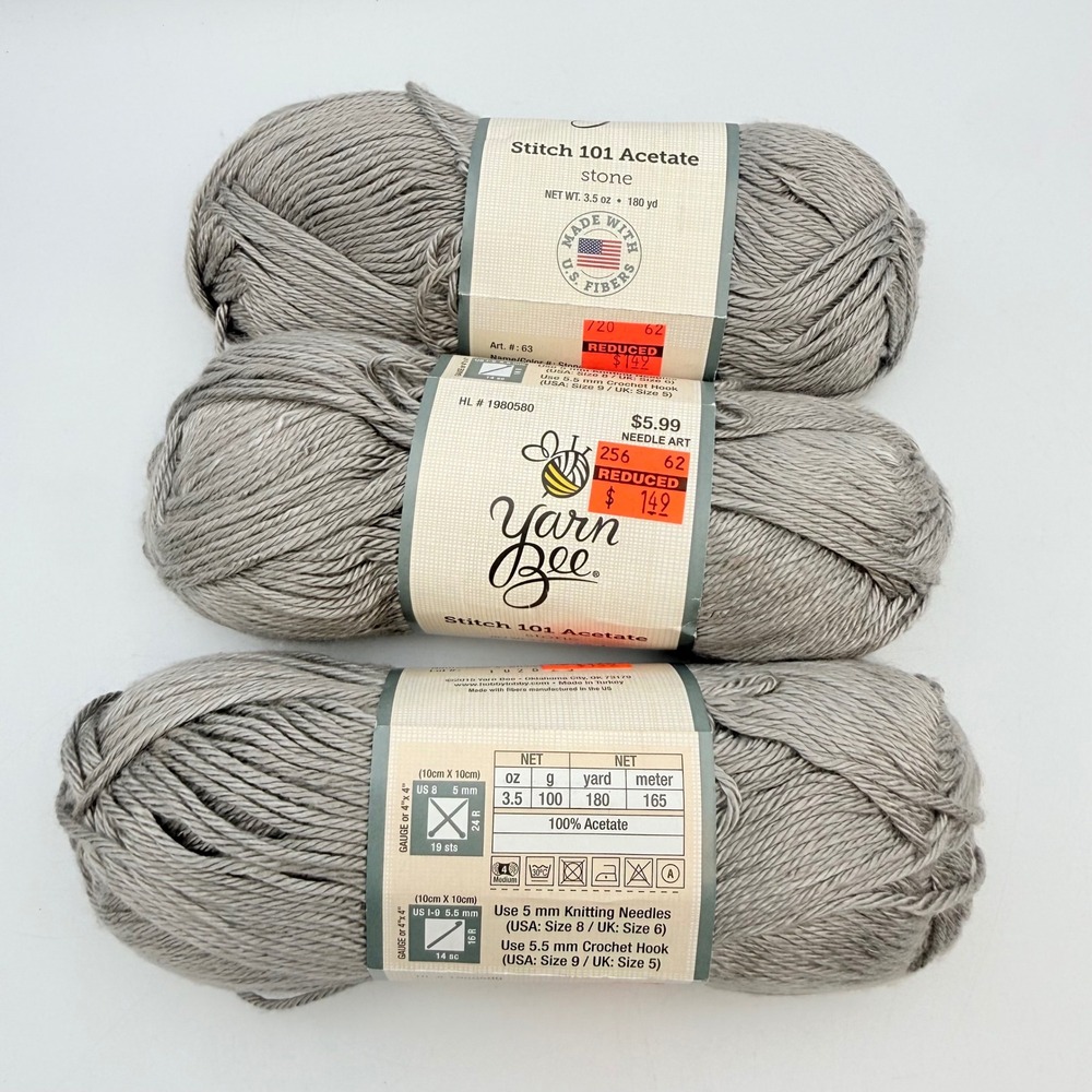 Lot of 3 Yarn Bee Stitch 101 Acetate Yarn Stone Grey 100g 180yd Ea 100% Acetate